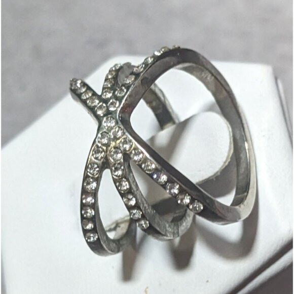 Elegant Glam Rhinestone Silver Tone Triple Crossover Ring Size 7 - Picture 10 of 12